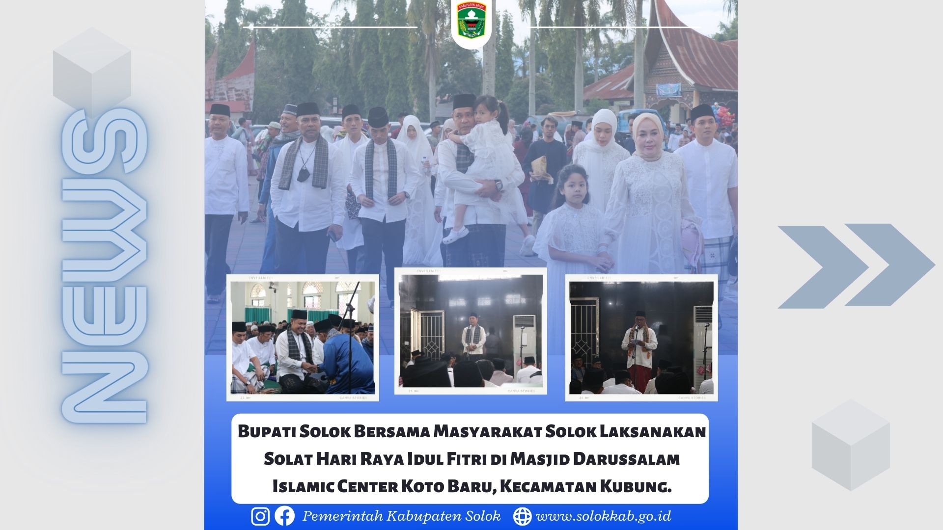 Bupati Solok Bersama Masyarakat Solok Laksanakan Solat Hari Raya Idul Fitri di Masjid Darussalam Islamic Center Koto Baru, Kecamatan Kubung.
